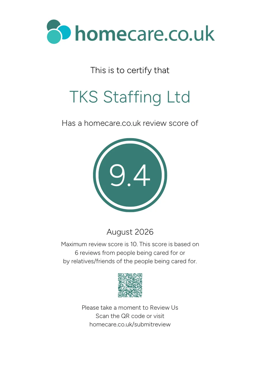 homecare.co.uk certificate: TKS Staffing Ltd has a review score of 9.4 out of 10, August 2026, based on 6 reviews